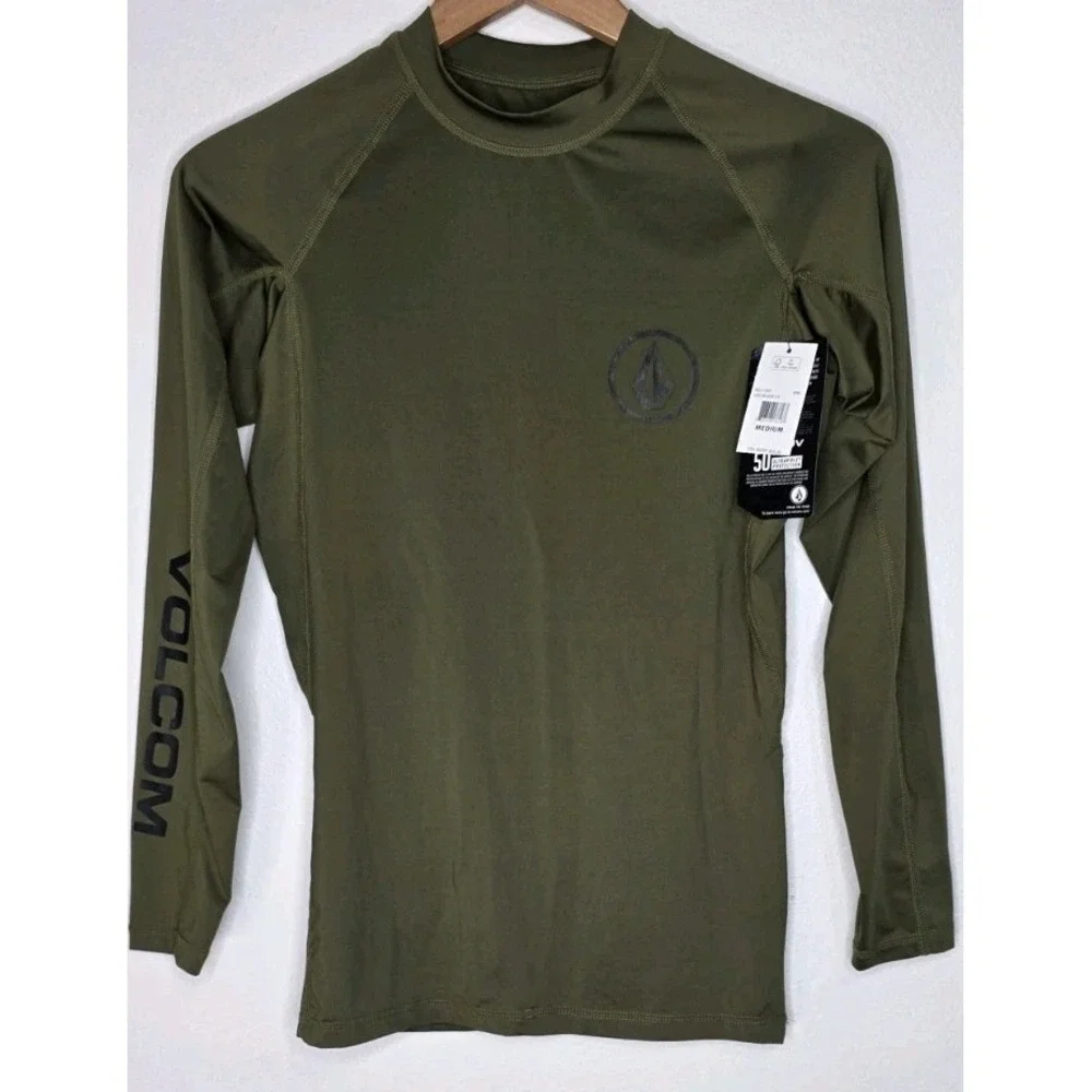 New Volcom Lido Stretch Men M Long Sleeve Rashguard Surf Swim Beach Olive UPF 50